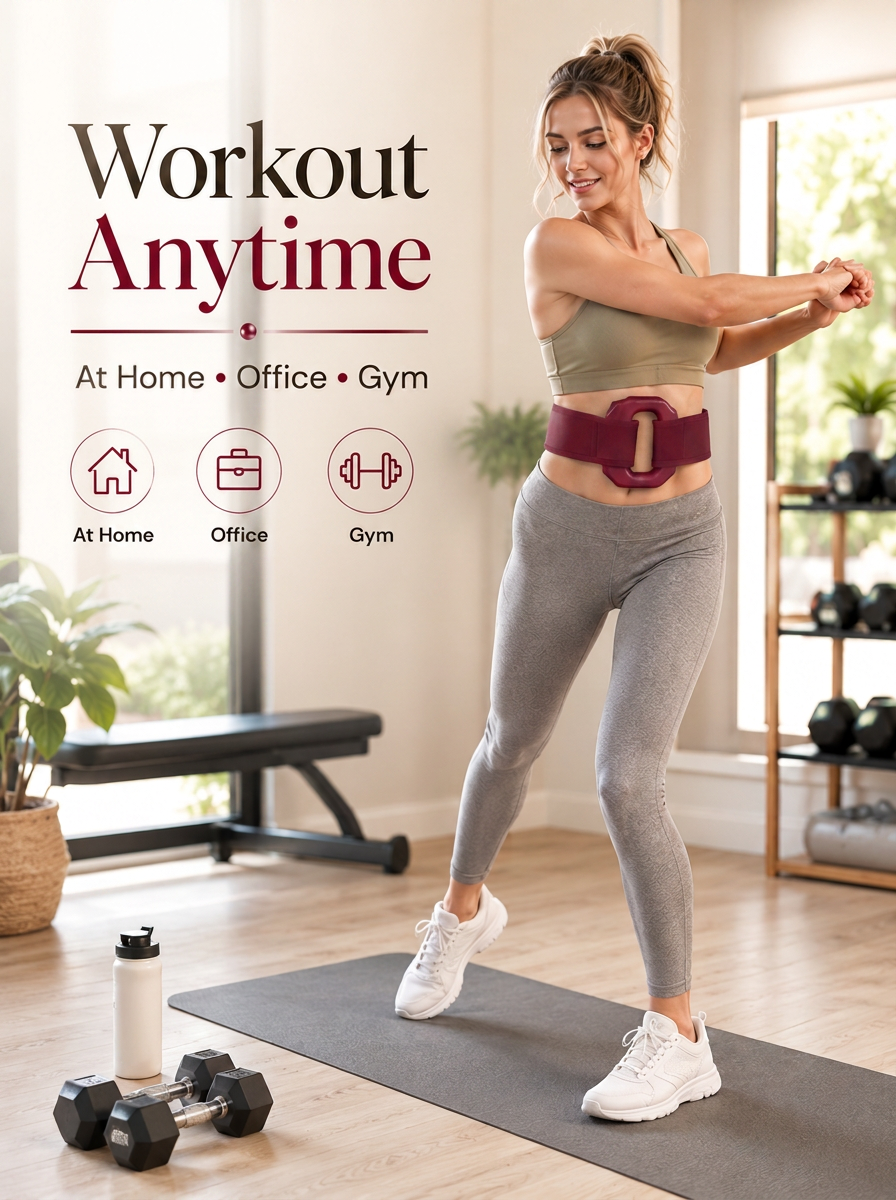 Woman using the waist trainer at the gym — workout anytime at home, office or gym