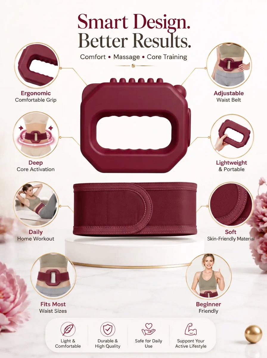 Breakdown of the ergonomic grip, adjustable belt and core activation benefits